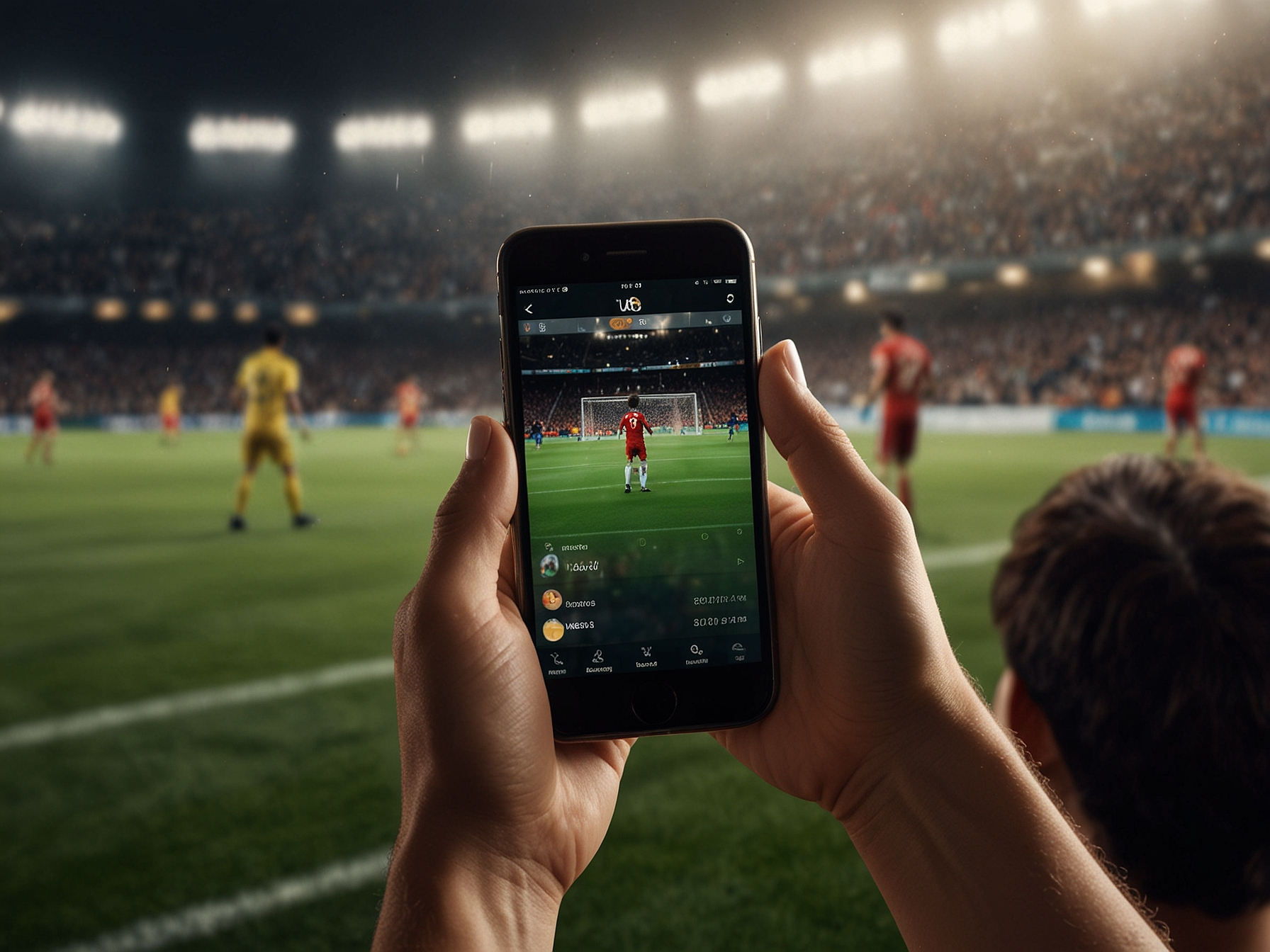 Jugador celebrando gol con teléfono mostrando Betano app
